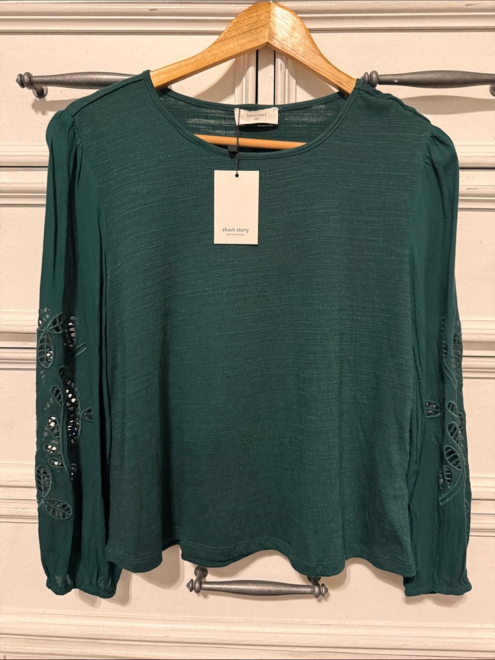 NWT Women's Emerald Green Long-Sleeve Top with Eyelet Sleeve Detail